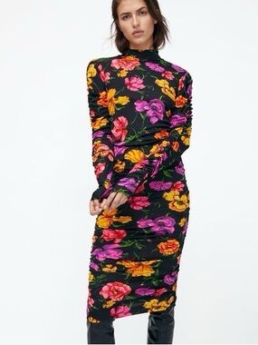 Zara ruched Black Floral Long Sleeve Midi Dress - Multi Color